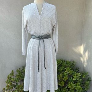 Vintage 70s taupe grey knit dress faux leather grey wrap belt S/M Ronnie Heller